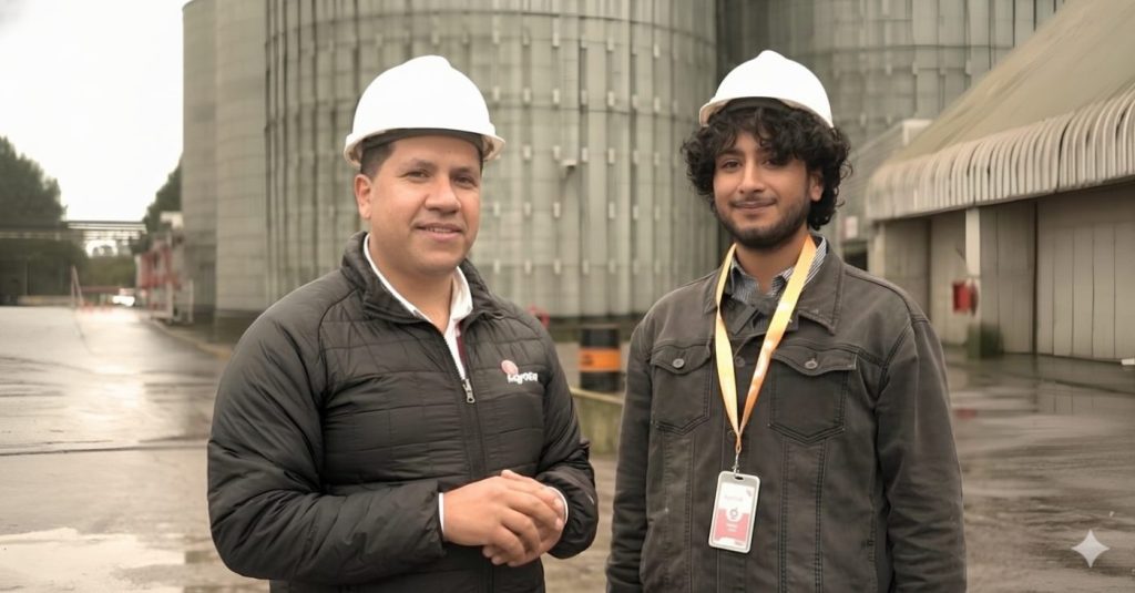 Two men in white hard hats stand outdoors at an industrial site, one in a black jacket and the other with a lanyard badge on a yellow strap.