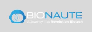 BIONAUTE logo featuring a blue astronaut helmet icon beside the BIONAUTE wordmark and the slogan 'A Journey into Revolution Biotech' on a gray background.