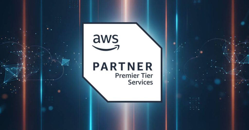 White badge reading AWS Partner Premier Tier Services on a dark blue, neon tech background.