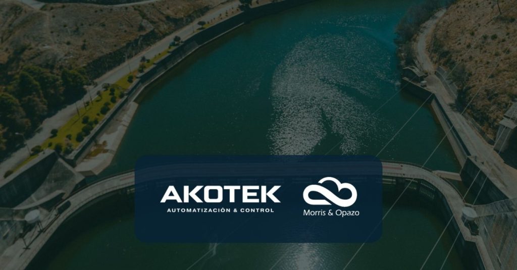 Aerial view of a greenish water reservoir with a dark blue logo banner for AKOTEK and Morris & Opazo overlaid in the center.