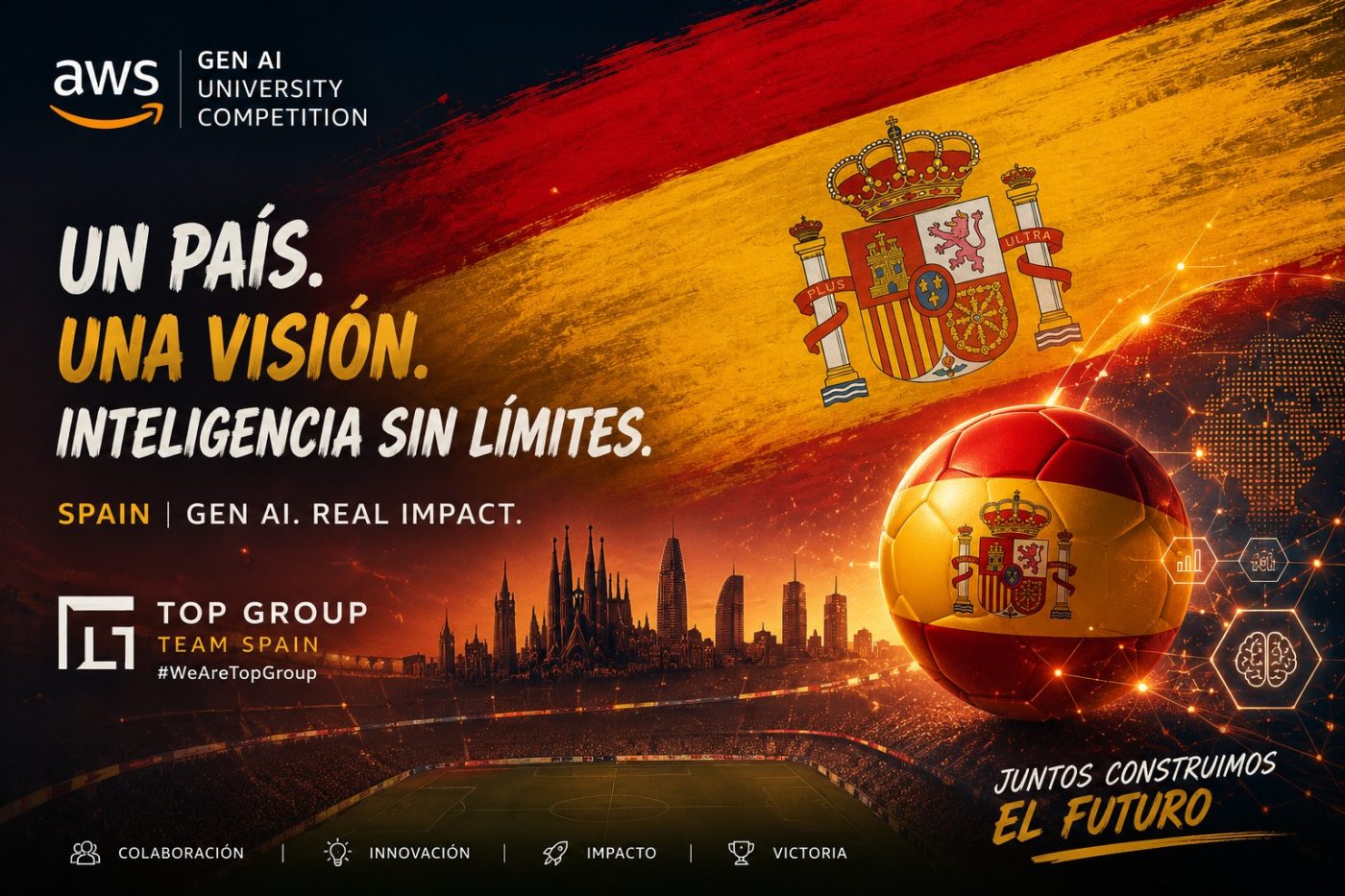 Promotional banner for AWS Gen AI University Competition Spain with the Spanish flag, a football, city skyline, and the slogan Un país. Una visión. Inteligencia sin límites.