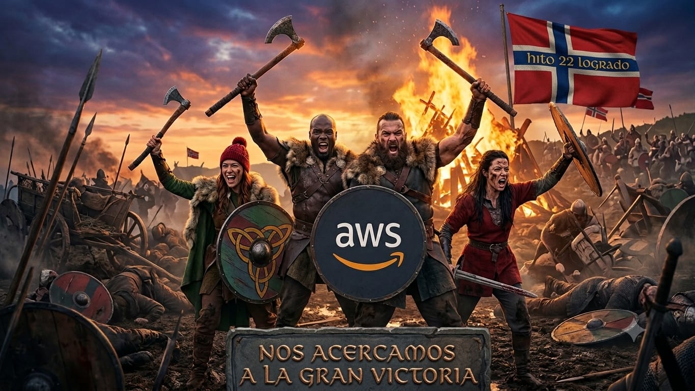 Viking warriors raise axes and shields around a blazing battlefield, AWS logo on a central shield amid a dramatic sunset and crowd in the background.