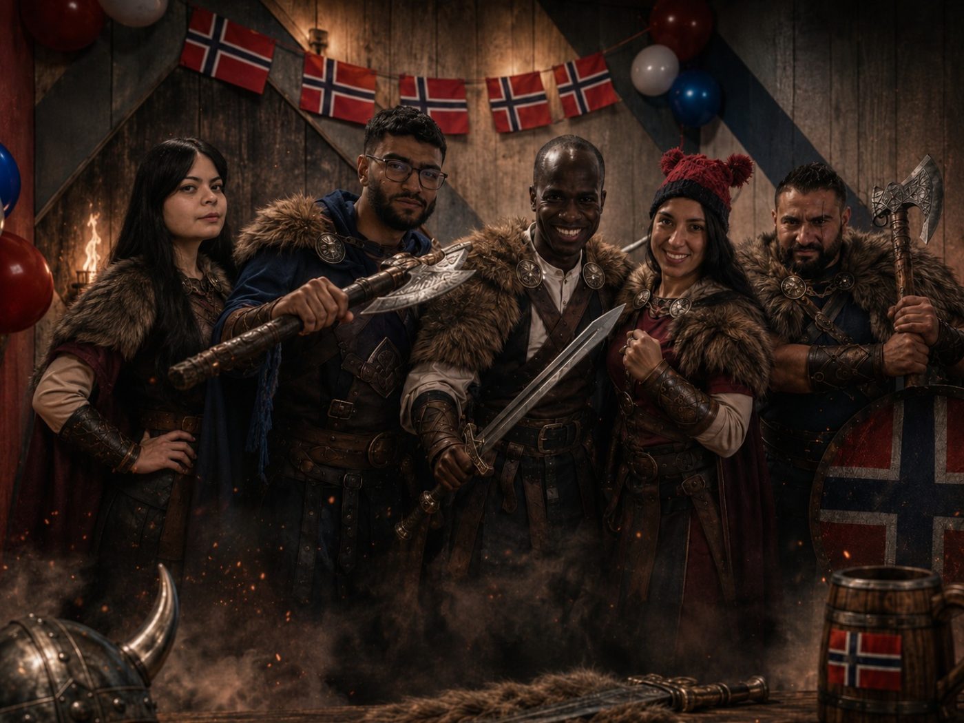 Group of six people in fur-trimmed Viking costumes posing with swords and axes in a festively decorated tavern with Norwegian flags and balloons behind them.