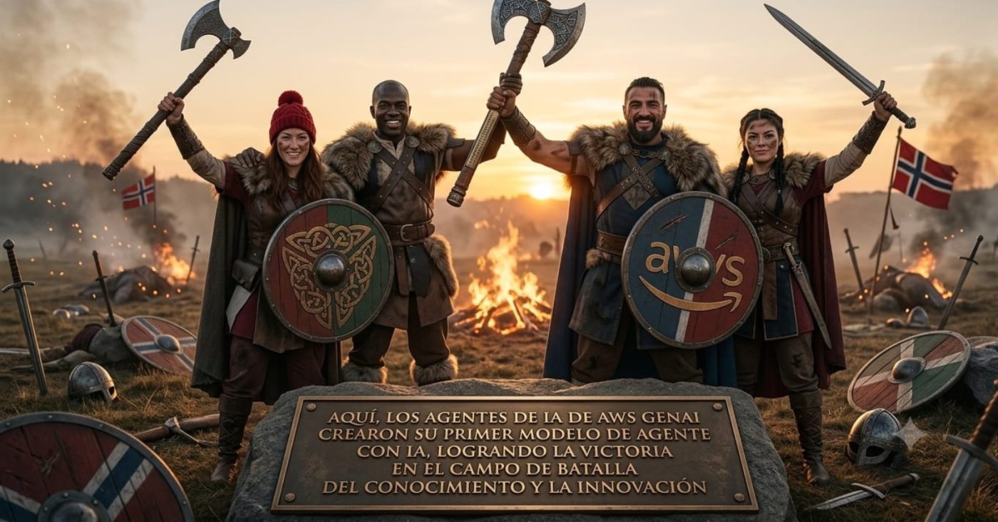 Cuatro guerreros vikingos con escudos y hachas levantados en un campo de batalla al atardecer, con hogueras y banderas noruegas al fondo. Una placa describe el mensaje de AWS GenAI en español.