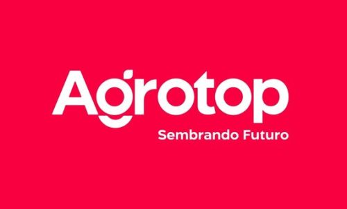 Agrotop logo on a red background with the slogan 'Sembrando Futuro' in white.