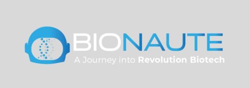 BIONAUTE logo featuring a blue astronaut helmet icon beside the BIONAUTE wordmark and the slogan 'A Journey into Revolution Biotech' on a gray background.